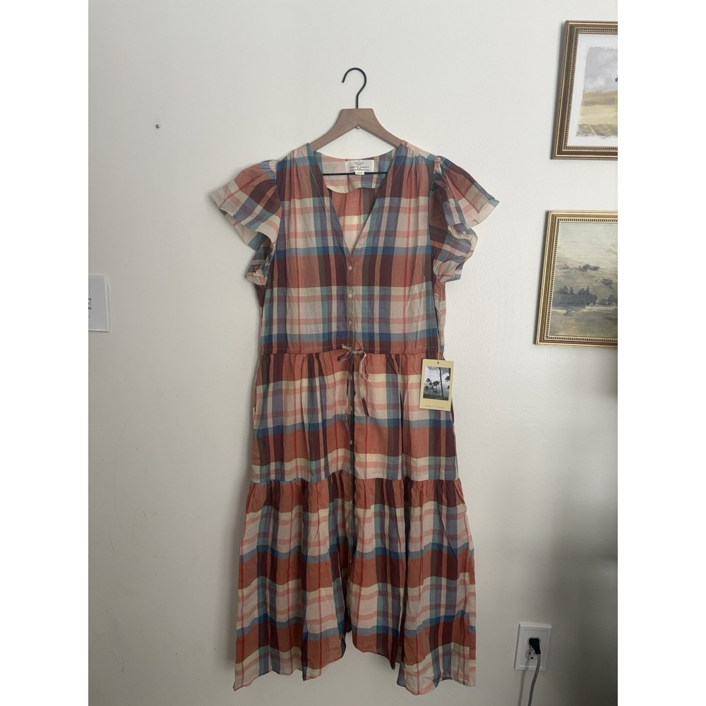 TROVATA Birds of Paradis Market Plaid Kristi Midi Dress Flutter Sleeve Chic NWT